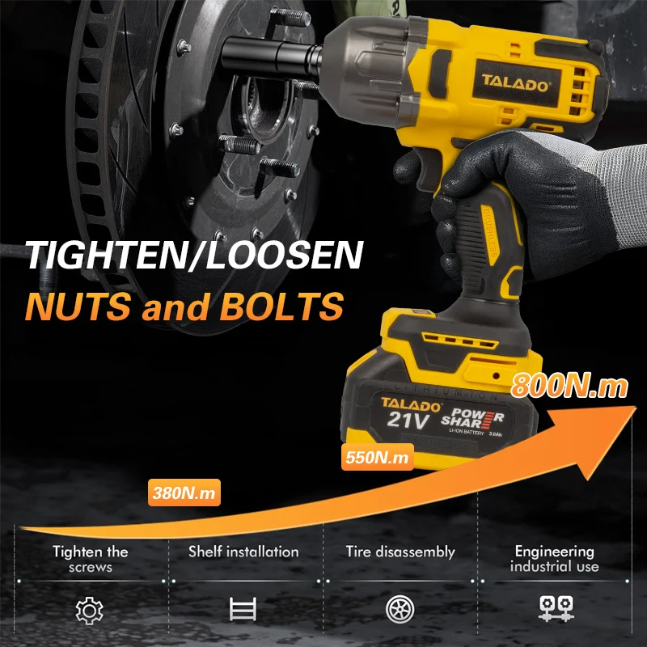 TALADO Aku Udarni Odvijač 21V 800Nm – Brushless Motor + 2 Baterije