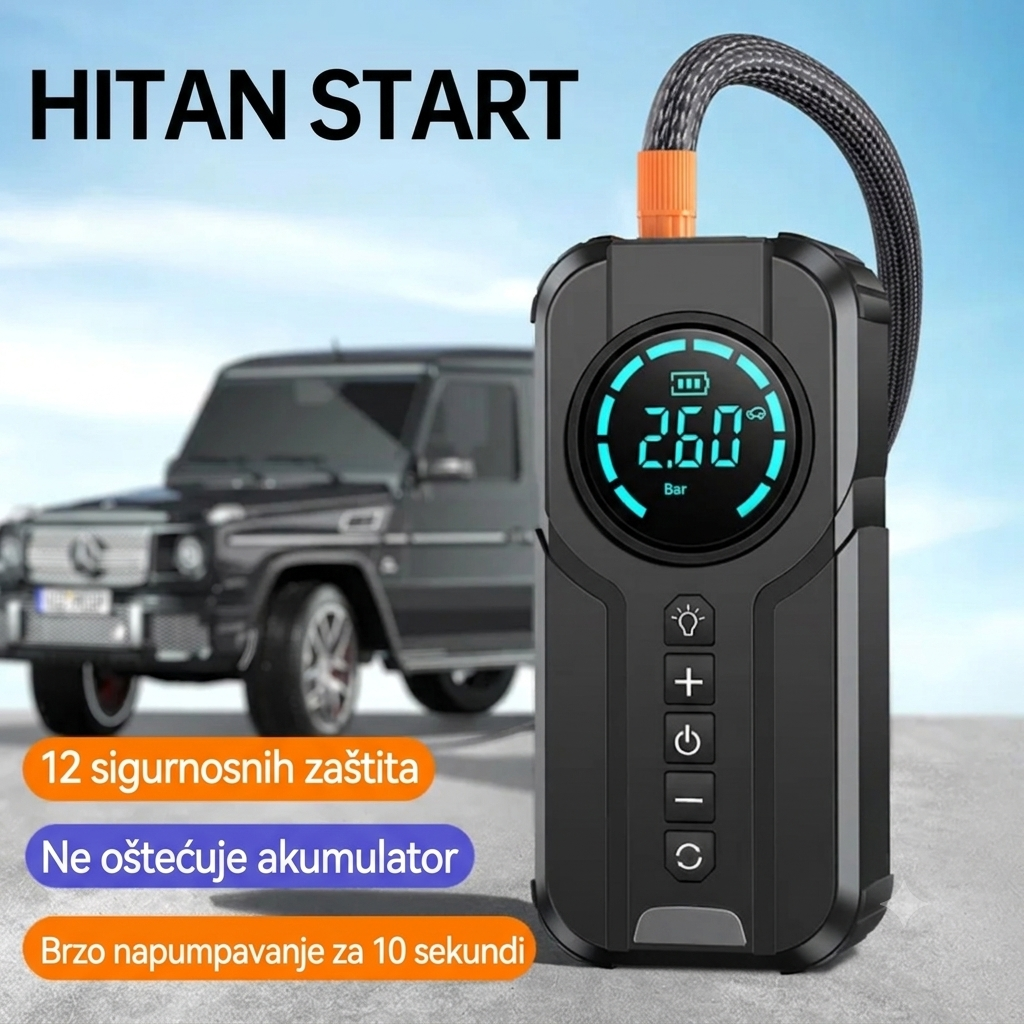 4u1 Prenosivi Starter i Kompresor za Automobil – 8000mAh Power Bank, Kompresor, Startni Kabel, Svjetiljka