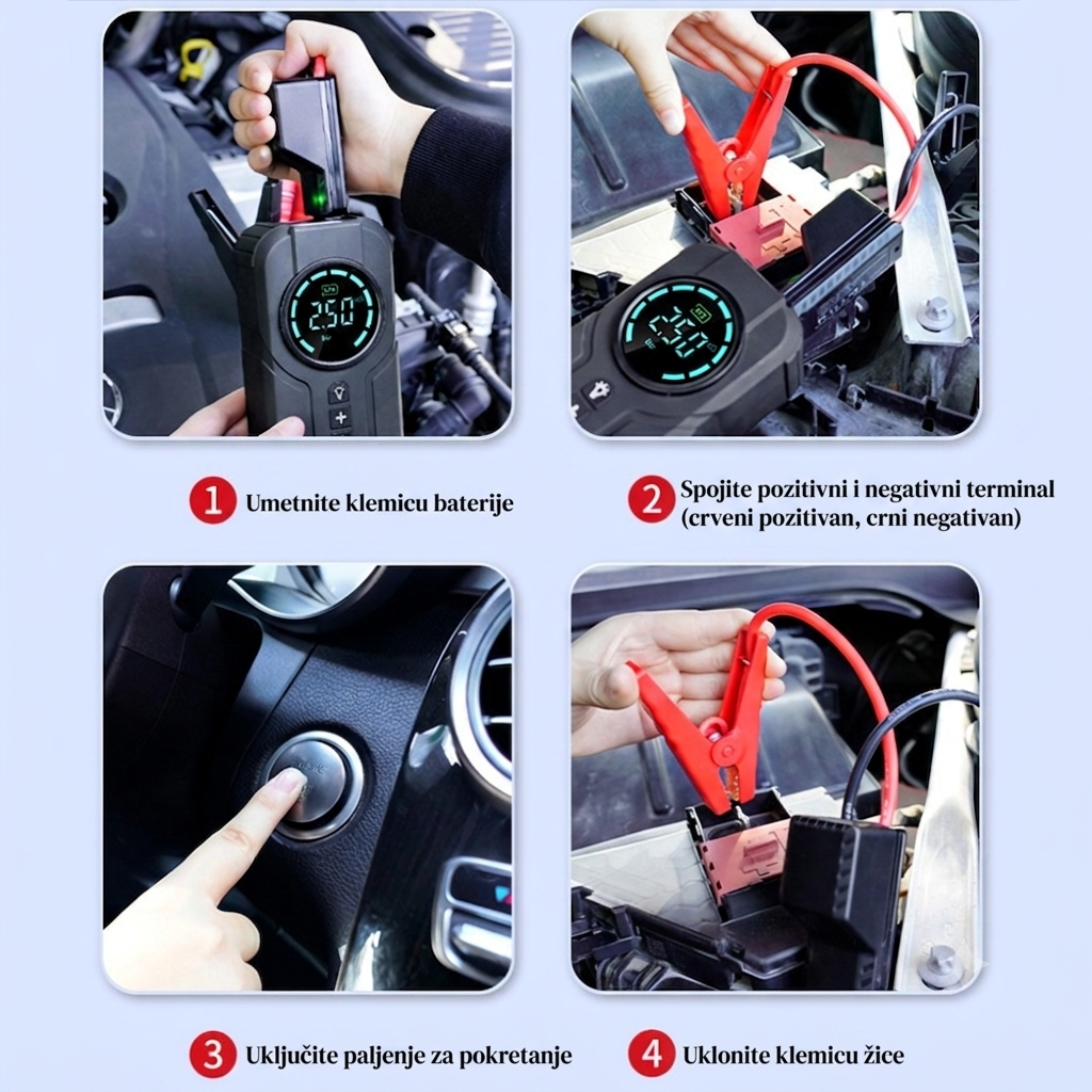 4u1 Prenosivi Starter i Kompresor za Automobil – 8000mAh Power Bank, Kompresor, Startni Kabel, Svjetiljka