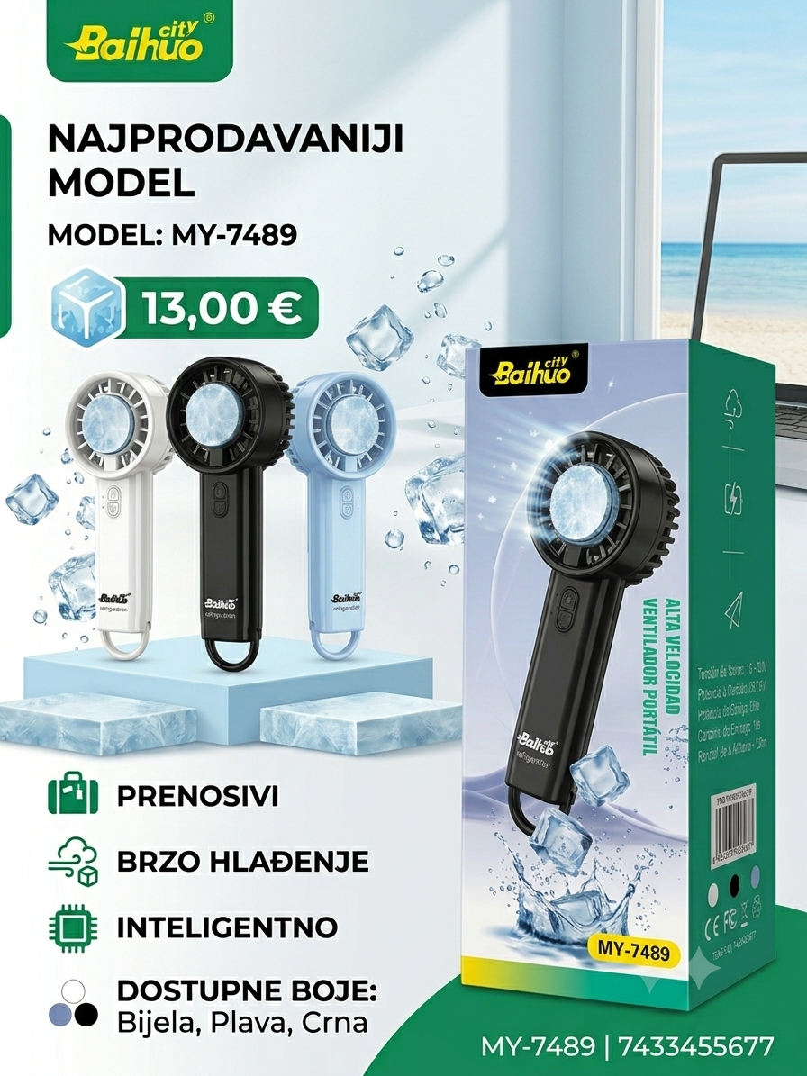 Prenosivi Ručni Ventilator Baihuo (Model: MY-7489) – Savršen za Vruće Dane!