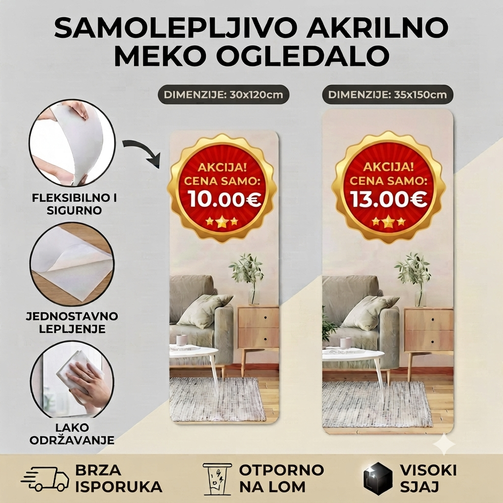 Samoljepljivo Akrilno Meko Ogledalo – Nelomljivo, Fleksibilno