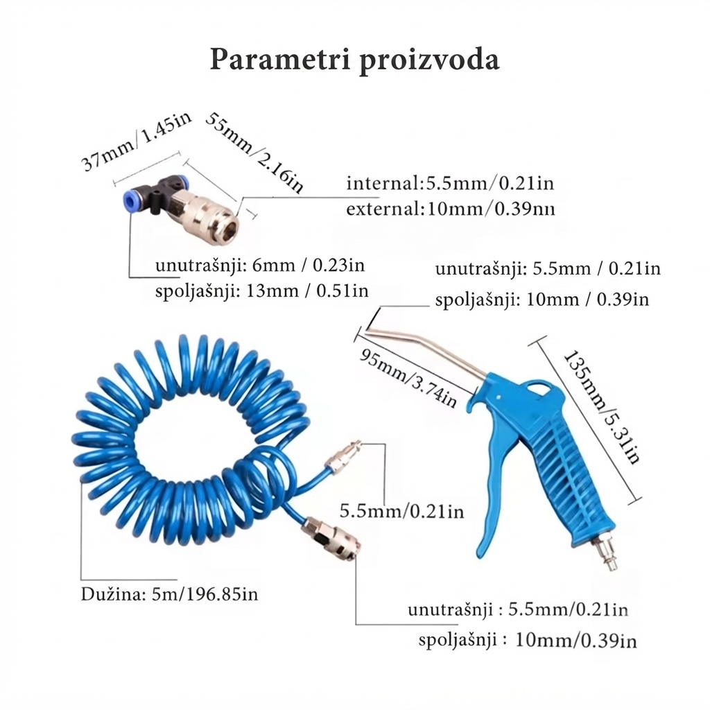 Profesionalni Pneumatski Pištolj za Izduvavanje – Set sa 5m Spiralnim Crijevom