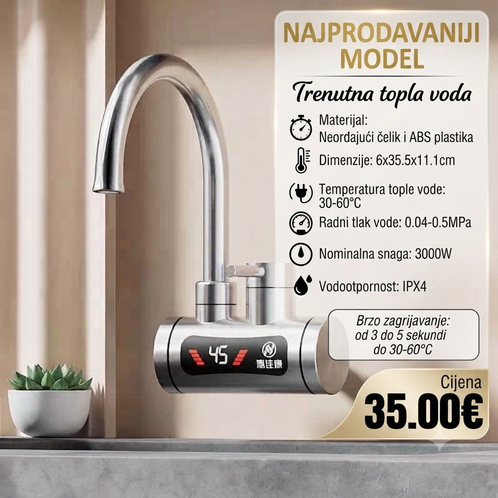 Električna česma sa grijačem INOX LUX 3000W - Trenutna topla voda sa digitalnim displejom