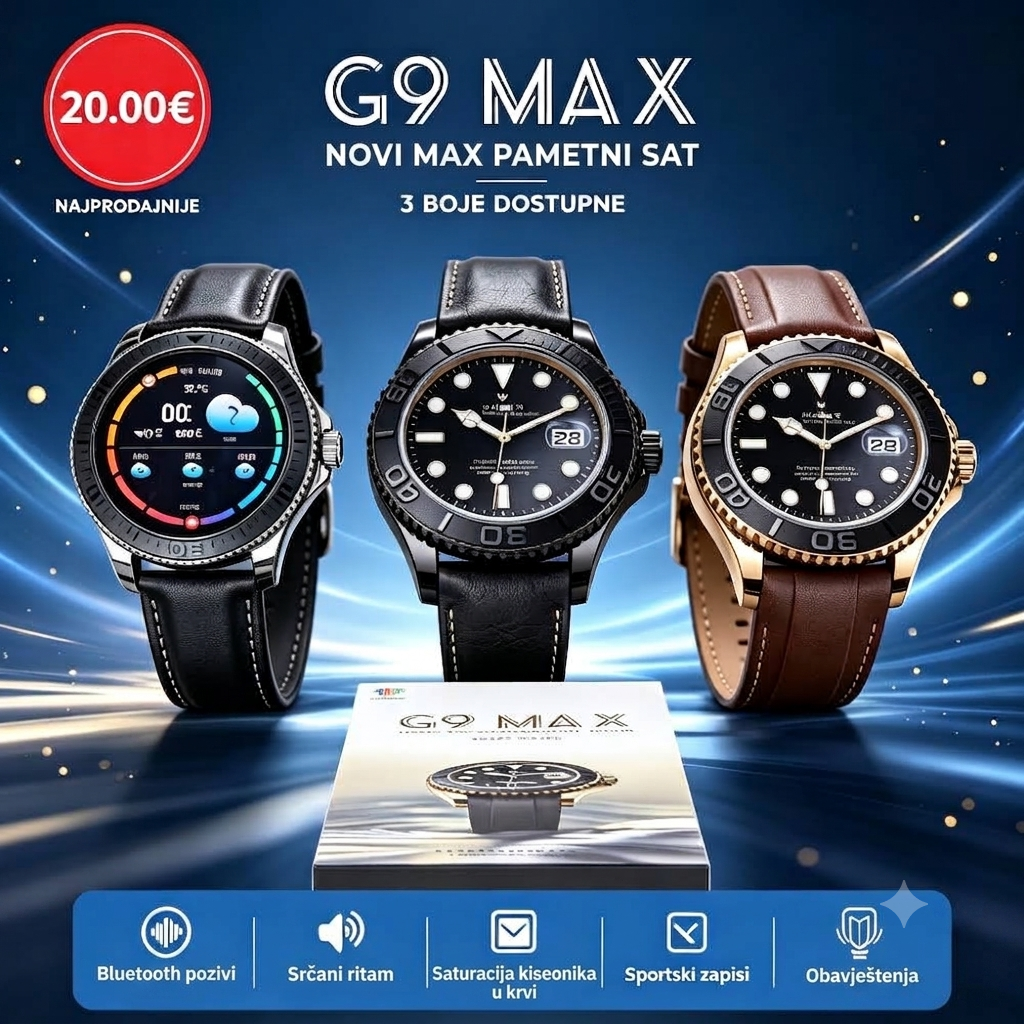 G9 Max 1.35 inch Pametni Sat – Novi Model sa Bluetooth Pozivima i Praćenjem Zdravlja (3 Boje)