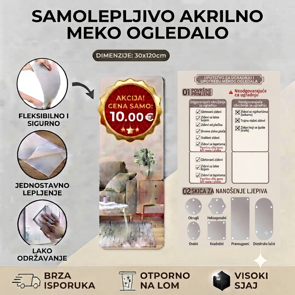 Samoljepljivo Akrilno Meko Ogledalo – Nelomljivo, Fleksibilno