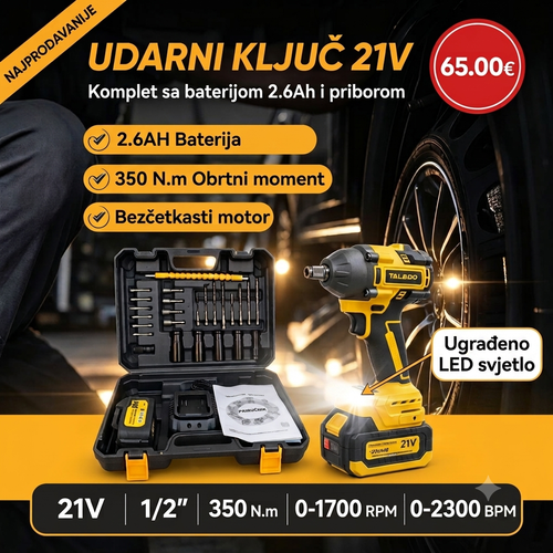350NM Aku udarni odvijač 21V sa dva 2.6AH baterije i priborom