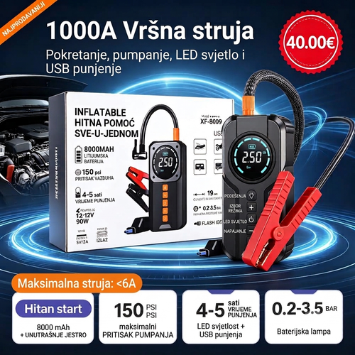 4u1 Prenosivi Starter i Kompresor za Automobil – 8000mAh Power Bank, Kompresor, Startni Kabel, Svjetiljka