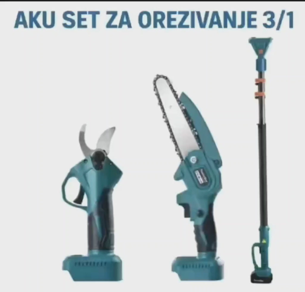 Akumulatorski Set za Orezivanje 3 u 1 – Makaze, Mini Lančana Pila i Teleskopska Šipka