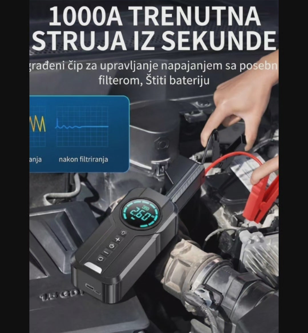 4u1 Prenosivi Starter i Kompresor za Automobil – 8000mAh Power Bank, Kompresor, Startni Kabel, Svjetiljka